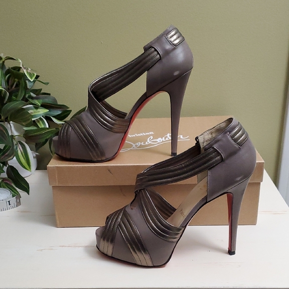 Christian Louboutin | Taupe & Pewter Leather Josefa 120 Peep-toe Platform Sz 37 - Picture 1 of 14